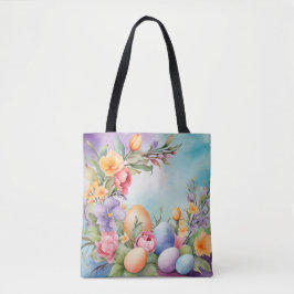 KLEURRIJKE PASTEL PAASBLOEMEN EN EIEREN TOTE BAG