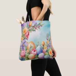 KLEURRIJKE PASTEL PAASBLOEMEN EN EIEREN TOTE BAG
