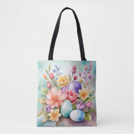 KLEURRIJKE PASTEL PAASBLOEMEN EN EIEREN TOTE BAG