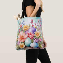 KLEURRIJKE PASTEL PAASBLOEMEN EN EIEREN TOTE BAG