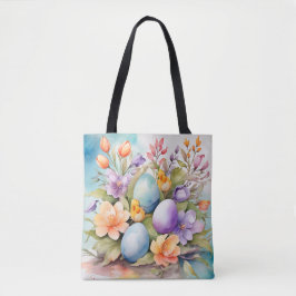 KLEURRIJKE PASTEL PAASBLOEMEN EN EIEREN TOTE BAG