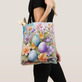 KLEURRIJKE PASTEL PAASBLOEMEN EN EIEREN TOTE BAG