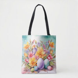 KLEURRIJKE PASTEL PAASBLOEMEN EN EIEREN TOTE BAG