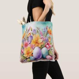 KLEURRIJKE PASTEL PAASBLOEMEN EN EIEREN TOTE BAG