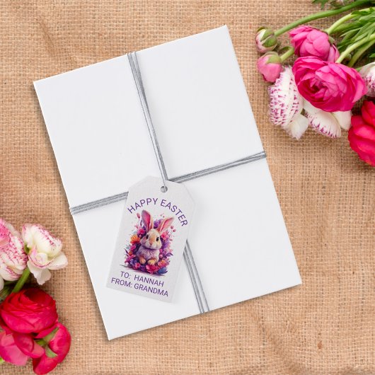 Kleurrijke pastel paashaas & Waterverf bloemen Cadeaulabel