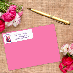 Kleurrijke pastel paashaas & Waterverf bloemen Etiket