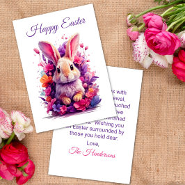Kleurrijke pastel paashaas & Waterverf bloemen Feestdagenkaart