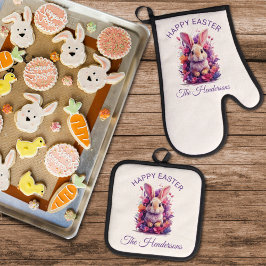 Kleurrijke pastel paashaas & Waterverf bloemen Ovenwant & Pannenlap Set