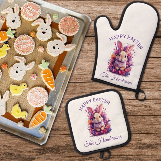 Kleurrijke pastel paashaas & Waterverf bloemen Ovenwant & Pannenlap Set