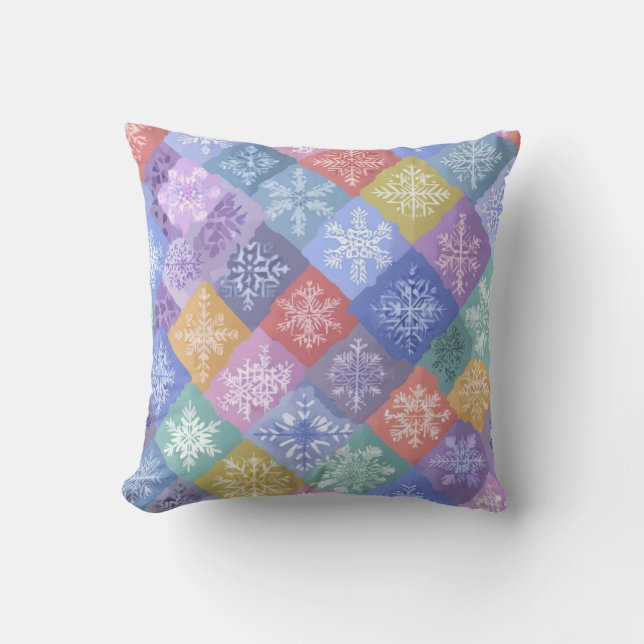 Kleurrijke Pastel Patchwork Sneeuwvlok Worp Kussen (Voorkant)