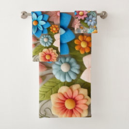 Kleurrijke Pastel Spring 3D Felt Floral Art Bad Handdoek