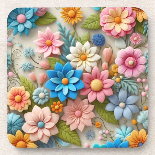 Kleurrijke Pastel Spring 3D Felt Floral Art Bier Onderzetter (Voorkant)