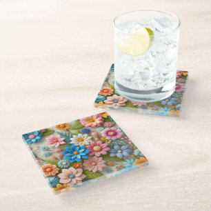 Kleurrijke Pastel Spring 3D Felt Floral Art Glazen Onderzetter