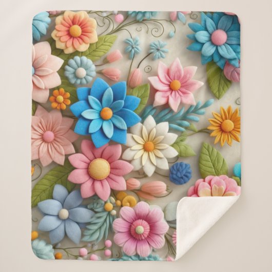 Kleurrijke Pastel Spring 3D Felt Floral Art Sherpa Deken (Voorkant)