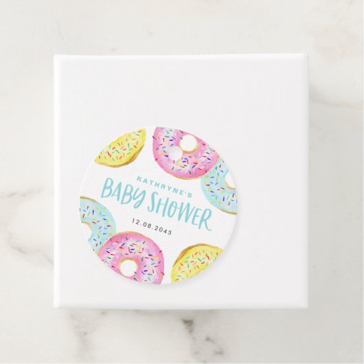 Kleurrijke Pastel Sprinkle Donuts Baby shower Bedankjes Labels (In situ)