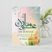 Kleurrijke Pastel Zonsondergang Moskee Eid Mubarak Feestdagenkaart (Staand voorkant)