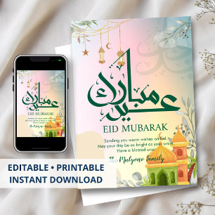 Kleurrijke Pastel Zonsondergang Moskee Eid Mubarak Feestdagenkaart