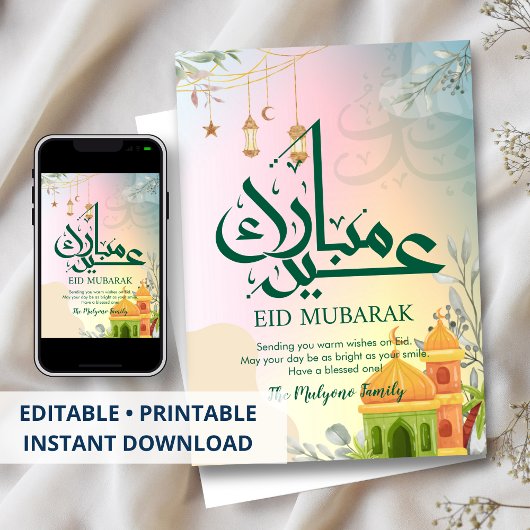 Kleurrijke Pastel Zonsondergang Moskee Eid Mubarak Feestdagenkaart