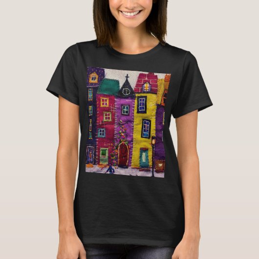 Kleurrijke Patchwork Huizen Textielkunst T-shirt (Voorkant)
