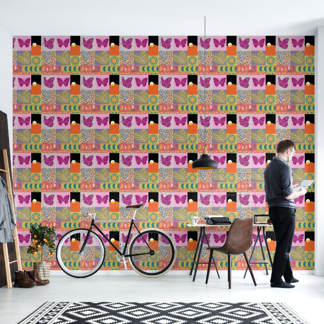 Kleurrijke patchwork ingelijst vintage behang (Woonkamer)