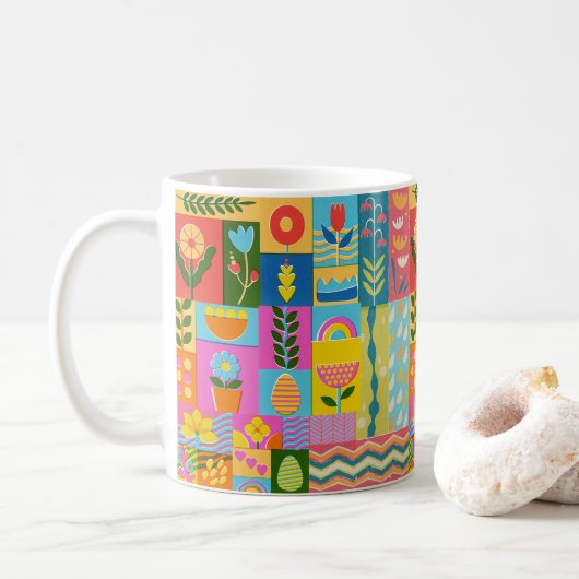 Kleurrijke patchwork ingelijst vintage koffiemok (Met donut)