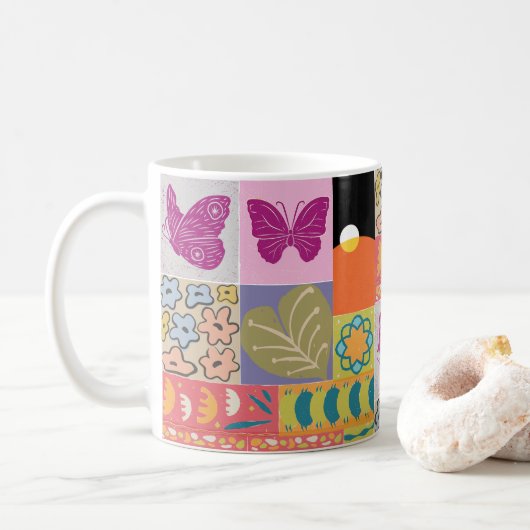 Kleurrijke patchwork ingelijst vintage koffiemok (Met donut)