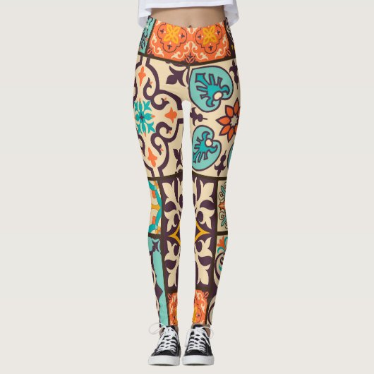 Kleurrijke Patchwork Islam Motieven Tegel Leggings (Voorkant)