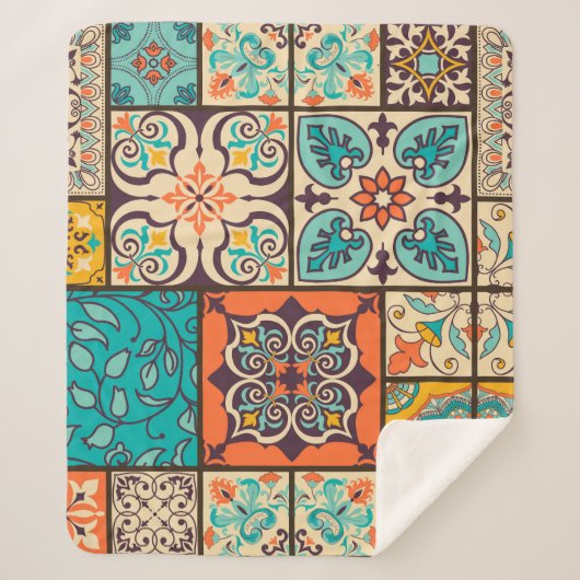 Kleurrijke Patchwork Islamitische Majolica Tegel Sherpa Deken (Voorkant)