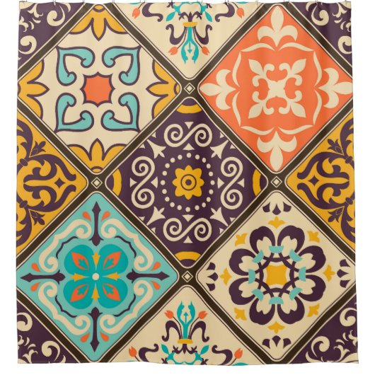 Kleurrijke Patchwork: Majolica Tegel Design Douchegordijn (Voorkant)