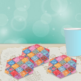 Kleurrijke Patchwork Print Monogram Kartonnen Onderzetters