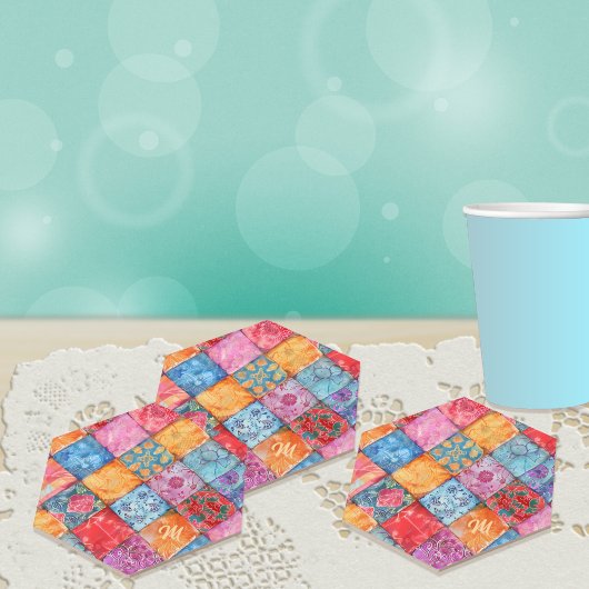 Kleurrijke Patchwork Print Monogram Kartonnen Onderzetters