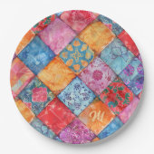 Kleurrijke Patchwork Print Monogram Papieren Bordje (Voorkant)
