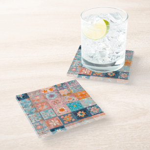 Kleurrijke Patchwork Quilt Art Glass Onderzetter
