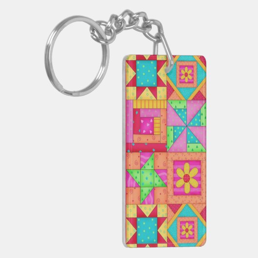 Kleurrijke patchwork quilt blokkeert kunst sleutelhanger (Voorkant Links)
