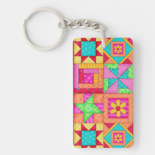 Kleurrijke patchwork quilt blokkeert kunst sleutelhanger