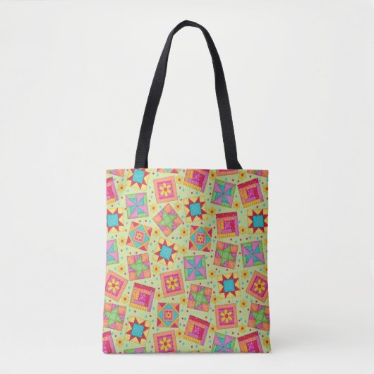 Kleurrijke patchwork quilt blokken groen tote bag (Voorkant)