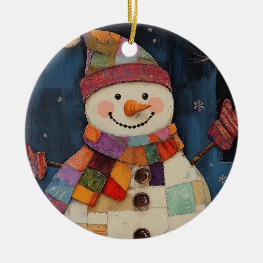 Kleurrijke Patchwork Snowman Kerstversiering Keramisch Ornament (Voorkant)