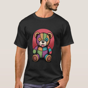 Kleurrijke Patchwork Teddybeer met Knoopogen T-shirt