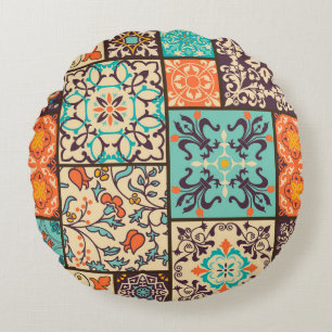 Kleurrijke Patchwork Tegel: Islamitische Majolica  Rond Kussen