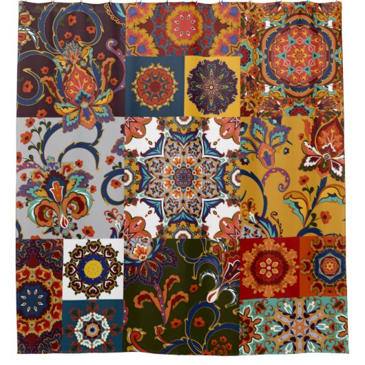 Kleurrijke Patchwork Tegel: Majolica Pottery Style Douchegordijn (Voorkant)