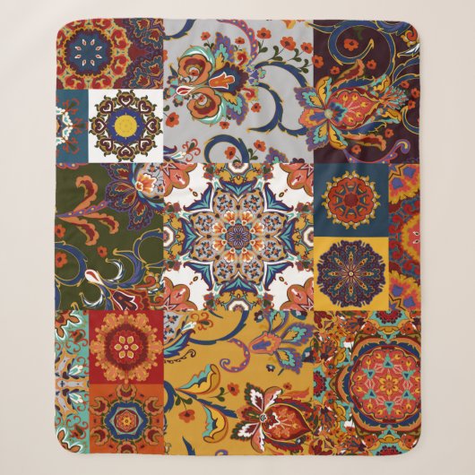 Kleurrijke Patchwork Tegel: Majolica Pottery Style Sherpa Deken (Voorkant)