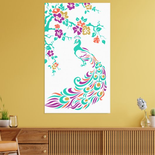 Kleurrijke pauw en kersenbloesems op maat canvas afdruk (Insitu (Woonkamer))