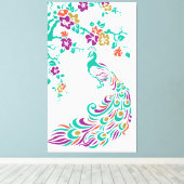 Kleurrijke pauw en kersenbloesems op maat canvas afdruk (Insitu (Houten vloer))