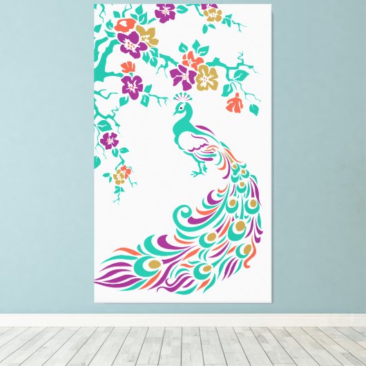 Kleurrijke pauw en kersenbloesems op maat canvas afdruk (Insitu (Houten vloer))