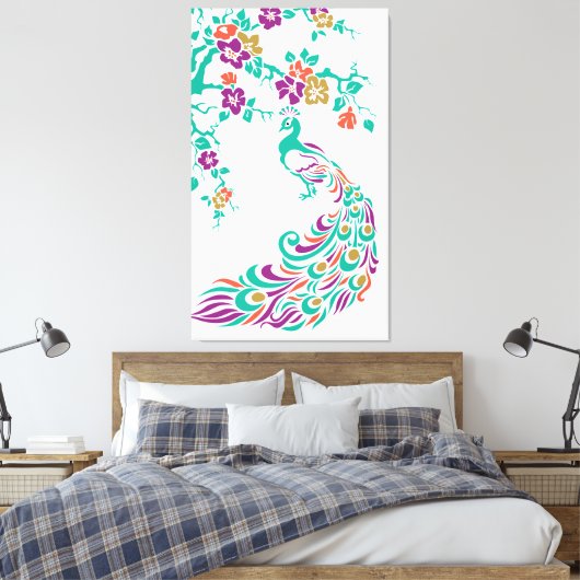 Kleurrijke pauw en kersenbloesems op maat canvas afdruk (Insitu (Slaapkamer))