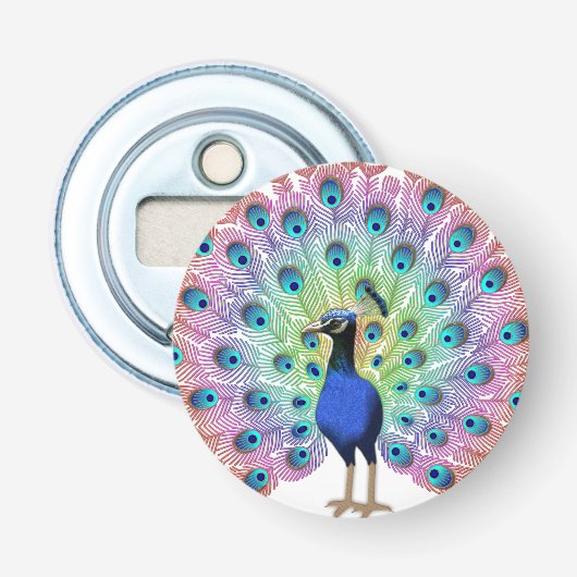 Kleurrijke Pauw Illustratie met Elegante Veer Button Flesopener (Voorkant)