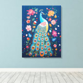 Kleurrijke pauw met blauwe groene Oranje veren Canvas Afdruk (Insitu (Houten vloer))