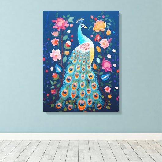 Kleurrijke pauw met blauwe groene Oranje veren Canvas Afdruk (Insitu (Houten vloer))