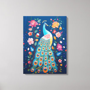Kleurrijke pauw met blauwe groene Oranje veren Canvas Afdruk