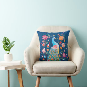 Kleurrijke pauw met blauwe groene Oranje veren Kussen